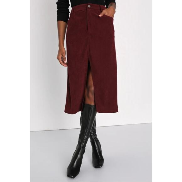 Lulu's Refreshing Romance Burgundy Corduroy Midi Skirt- Women's Size Small - Picture 1 of 7